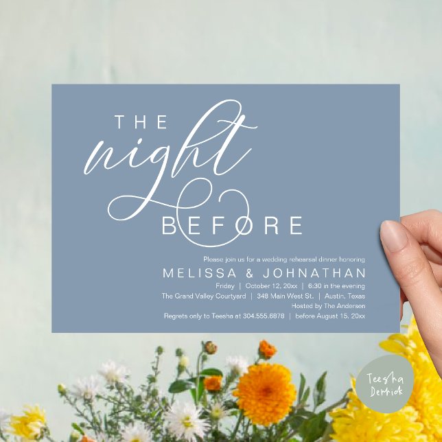 The Night Before, Classy Wedding Rehearsal Dinner Invitation (The Night Before, Classy Romantic Wedding Rehearsal Dinner Invitation Card PDF Modern Dusty Blue)