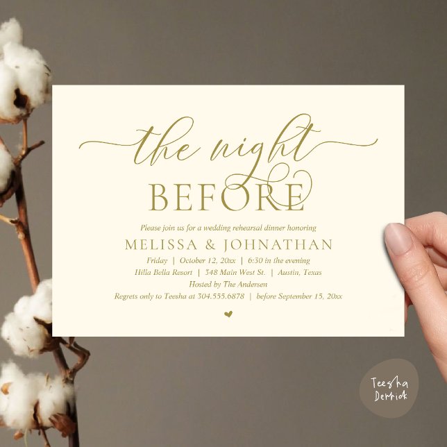 The Night Before, Classy Wedding Rehearsal Dinner Invitation (The Night Before, Classy Romantic Wedding Rehearsal Dinner Invitation Card PDF Yellow Gold)
