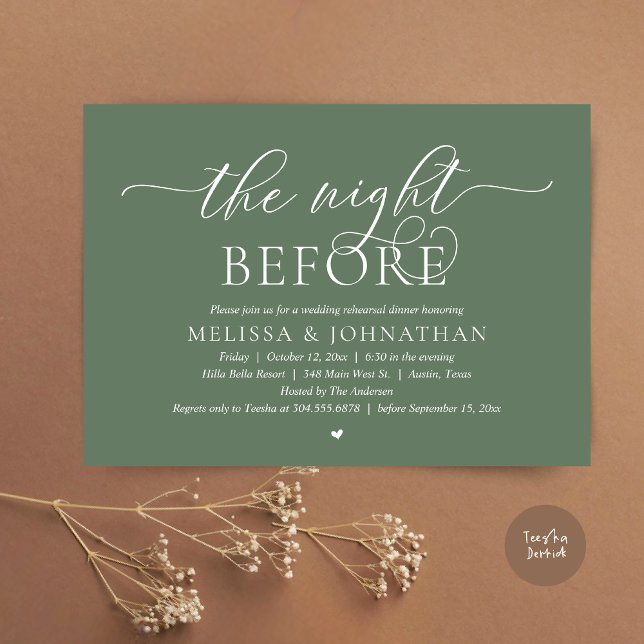 The Night Before, Classy Wedding Rehearsal Dinner Invitation (The Night Before, Classy Romantic Wedding Rehearsal Dinner Invitation Card PDF Greenery Sage Green)