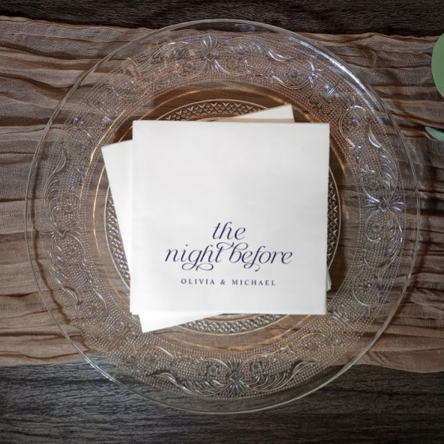 The Night Before Dark Blue Rehearsal Dinner Napkin (Elegant rehearsal dinner napkins in navy blue on an elegant plate on a rustic vintage table.)