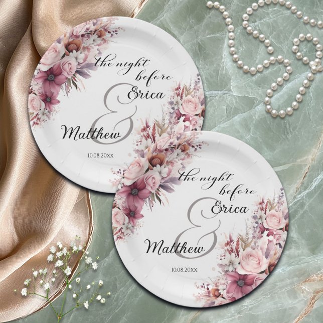 The night before Dusty Pink Boho Floral Wedding Paper Plate (Creator Uploaded)
