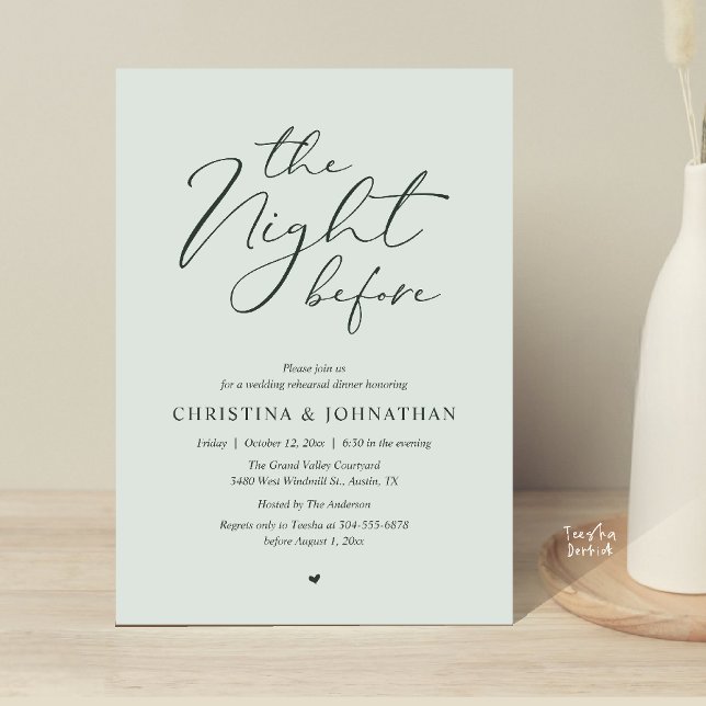 “The Night Before” Dusty Rose Rehearsal Dinner Invitation (“The Night Before” Elegant Script Romantic Rehearsal Dinner Invitation Card Sage Garden)