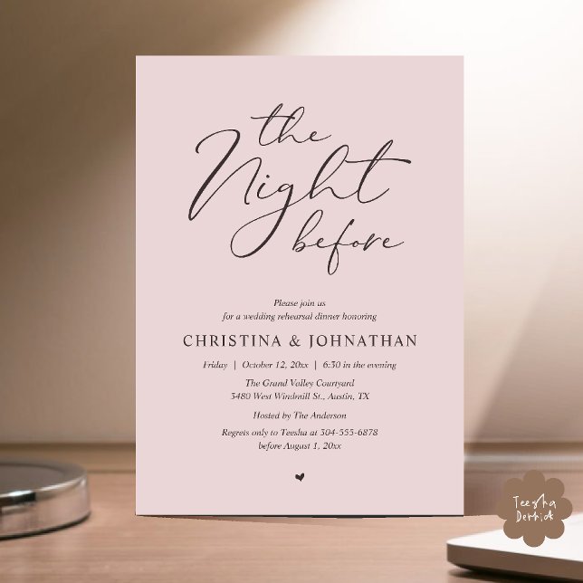 “The Night Before” Dusty Rose Rehearsal Dinner Invitation (“The Night Before” Elegant Script Romantic Rehearsal Dinner Invitation Card Dusty Rose)