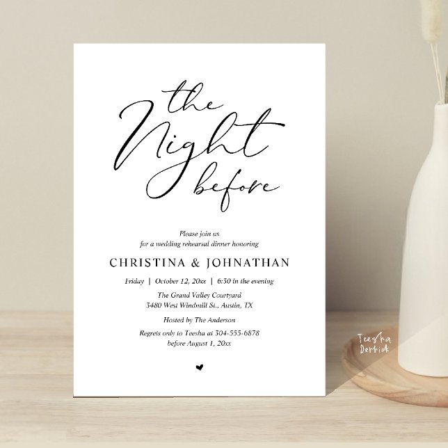 “The Night Before” Elegant Script Rehearsal Dinner Invitation (“The Night Before” Elegant Script Romantic Rehearsal Dinner Invitation Card Black White)