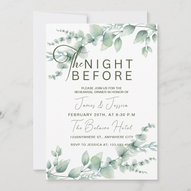The Night Before Eucalyptus Wedding Rehearsal Invitation (Front)