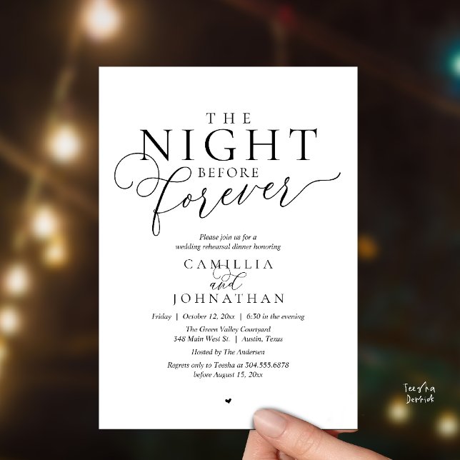 “The Night Before Forever” Modern Rehearsal Dinner Invitation (“The Night Before Forever” Modern classy minimalist Rehearsal Dinner Invitation Card black and white)