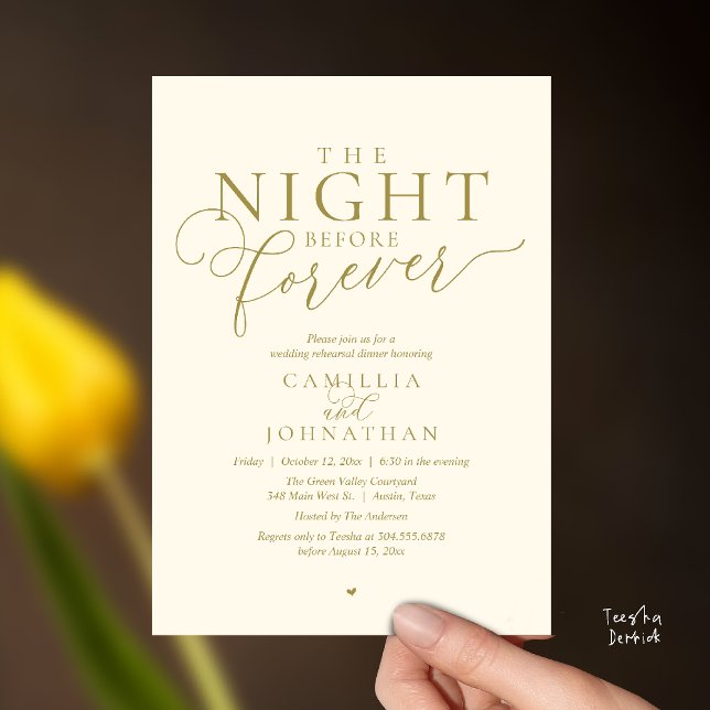 “The Night Before Forever” Modern Rehearsal Dinner Invitation (“The Night Before Forever” Modern classy minimalist Rehearsal Dinner Invitation Card yellow gold)