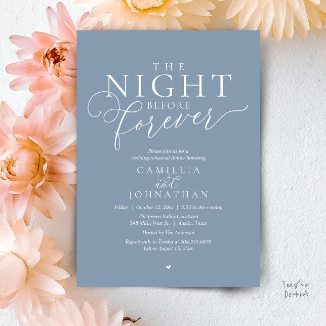“The Night Before Forever” Modern Rehearsal Dinner Invitation (“The Night Before Forever” Modern classy minimalist Rehearsal Dinner Invitation Card dusty blue)