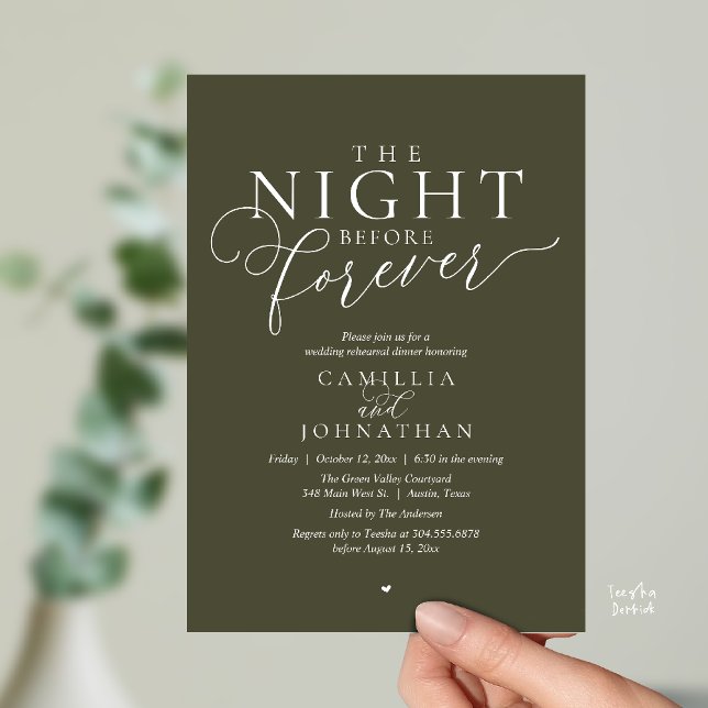 “The Night Before Forever” Modern Rehearsal Dinner Invitation (“The Night Before Forever” Modern classy minimalist Rehearsal Dinner Invitation Card olive green)