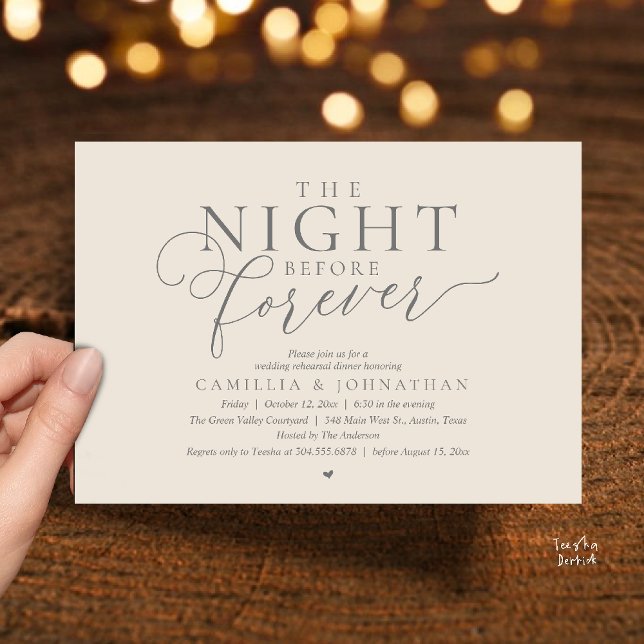 “The Night Before Forever” Modern Rehearsal Dinner Invitation (“The Night Before Forever” Modern Classy Rehearsal Dinner Invitation card in Cream and Grey)