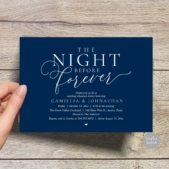 “The Night Before Forever” Modern Rehearsal Dinner Invitation (“The Night Before Forever” Modern Classy Rehearsal Dinner Invitation card in Navy Blue)