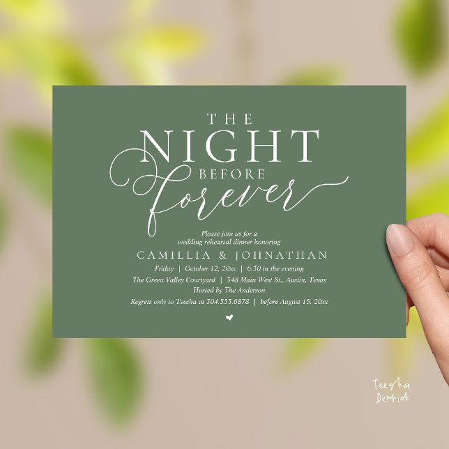 “The Night Before Forever” Modern Rehearsal Dinner Invitation (“The Night Before Forever” Modern Classy Rehearsal Dinner Invitation card in Sage Green)