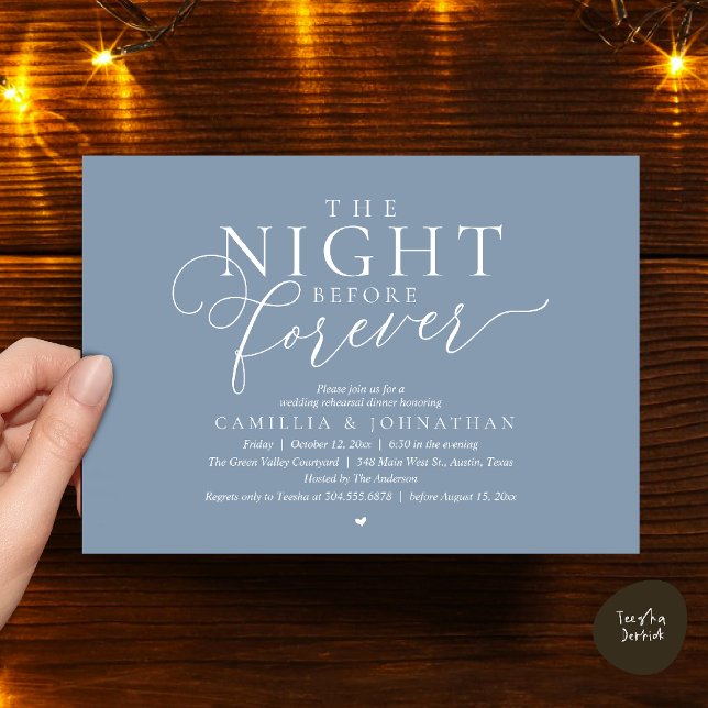 “The Night Before Forever” Modern Rehearsal Dinner Invitation (“The Night Before Forever” Modern Classy Rehearsal Dinner Invitation card in Dusty blue)