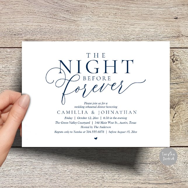 “The Night Before Forever” Modern Rehearsal Dinner Invitation (“The Night Before Forever” Modern Classy Rehearsal Dinner Invitation card in Navy Blue)