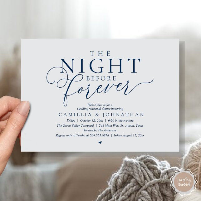 “The Night Before Forever” Modern Rehearsal Dinner Invitation (“The Night Before Forever” Modern Classy Rehearsal Dinner Invitation card in Navy Blue Chill Grey)