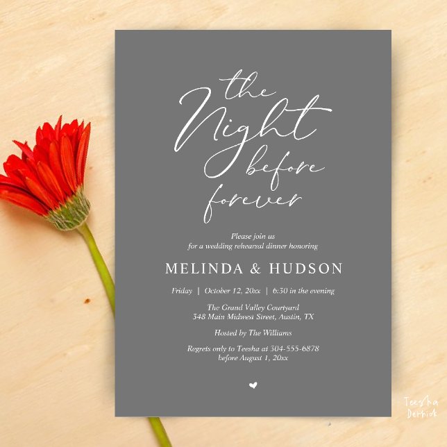 The Night Before Forever Romantic Rehearsal Dinner Invitation (Modern Romantic Wedding Rehearsal Dinner The Night Before Forever Invites Card in Dark Grey)