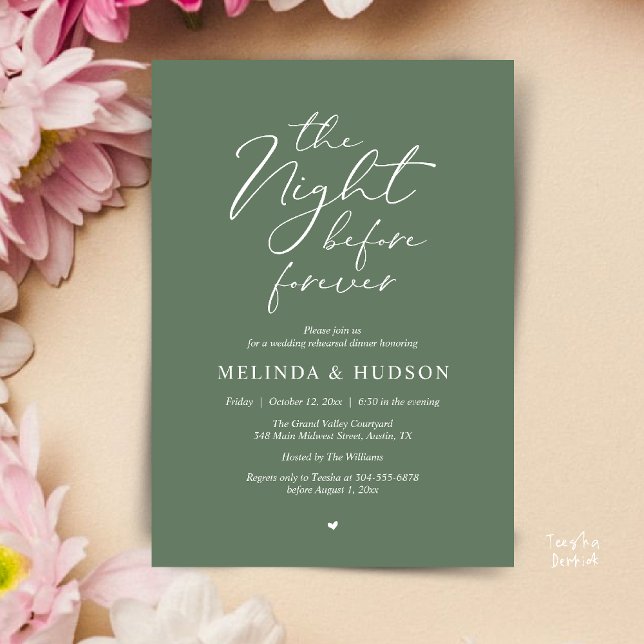 The Night Before Forever Romantic Rehearsal Dinner Invitation (Modern Romantic Wedding Rehearsal Dinner The Night Before Forever Invites Card in Sage Green)