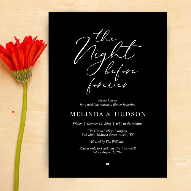 The Night Before Forever Romantic Rehearsal Dinner Invitation (Modern Romantic Wedding Rehearsal Dinner The Night Before Forever Invites Card in Black White)