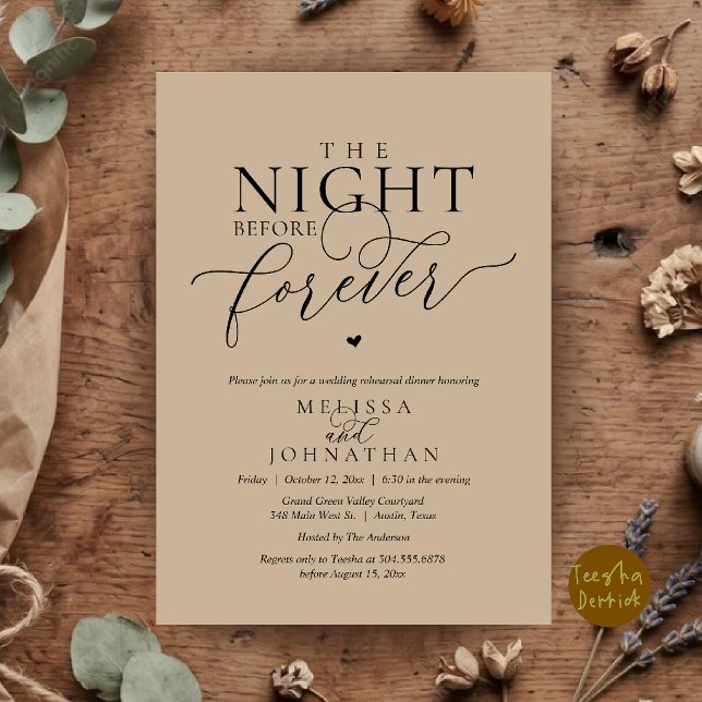 The Night Before Forever Romantic Rehearsal Dinner Invitation (The Night Before Forever Romantic Rehearsal Dinner Invitation Card Brown Tan)