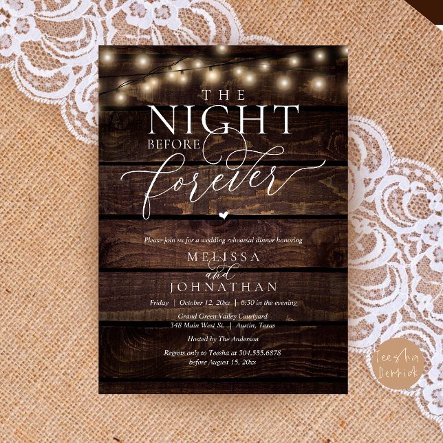 The Night Before Forever Romantic Rehearsal Dinner Invitation (The Night Before Forever Romantic Rehearsal Dinner Invitation Card Brown Wood String Lights)