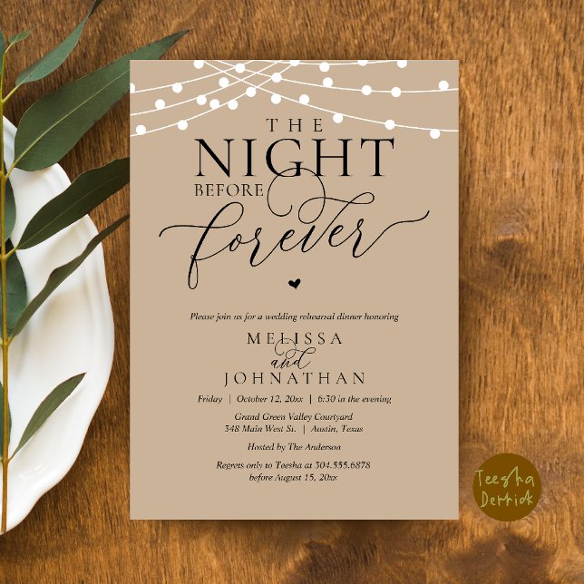 The Night Before Forever Romantic Rehearsal Dinner Invitation (The Night Before Forever Romantic Rehearsal Dinner Invitation Card Brown Tan String Lights)