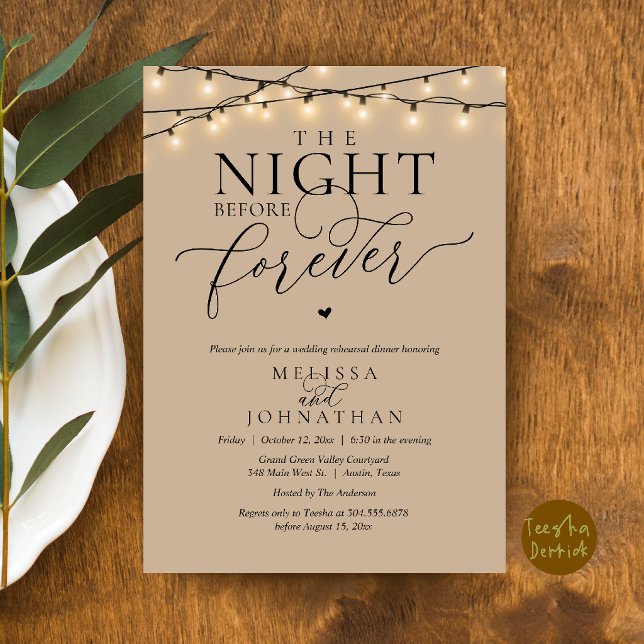 The Night Before Forever Romantic Rehearsal Dinner Invitation (The Night Before Forever Romantic Rehearsal Dinner Invitation Card Brown Tan String Lights)