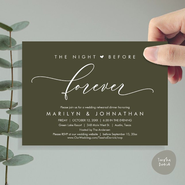 The Night Before Forever Romantic Rehearsal Dinner Invitation (Modern Romantic The Night Before Forever, Wedding Rehearsal Dinner Invitation Card, PDF, Olive Green)