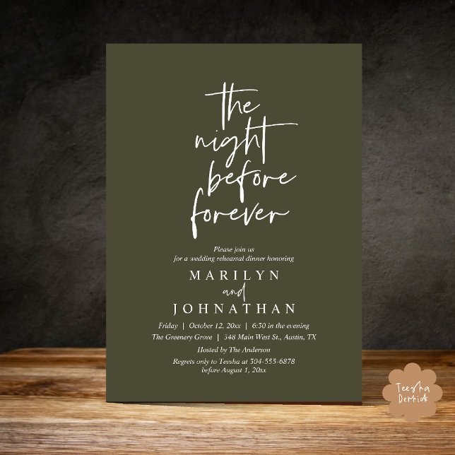 The Night Before Forever, Wedding Rehearsal Dinner Invitation (The Night Before Forever, Modern Minimal Wedding Rehearsal Dinner Invitation Card in Olive Green)