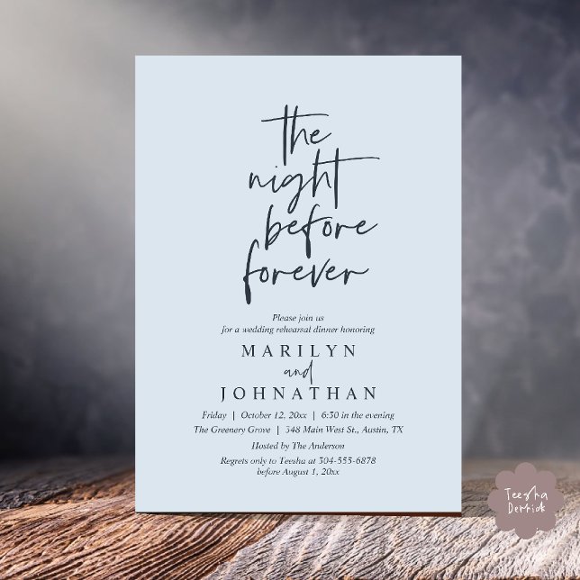 The Night Before Forever, Wedding Rehearsal Dinner Invitation (The Night Before Forever, Modern Minimal Wedding Rehearsal Dinner Invitation Card in Misty Blue)