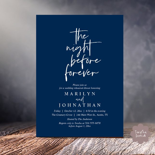The Night Before Forever, Wedding Rehearsal Dinner Invitation (The Night Before Forever, Modern Minimal Wedding Rehearsal Dinner Invitation Card in Navy Blue)