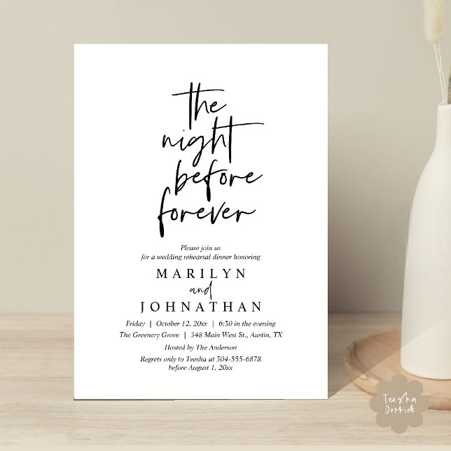The Night Before Forever, Wedding Rehearsal Dinner Invitation (The Night Before Forever, Modern Minimal Wedding Rehearsal Dinner Invitation Card in Black and White)