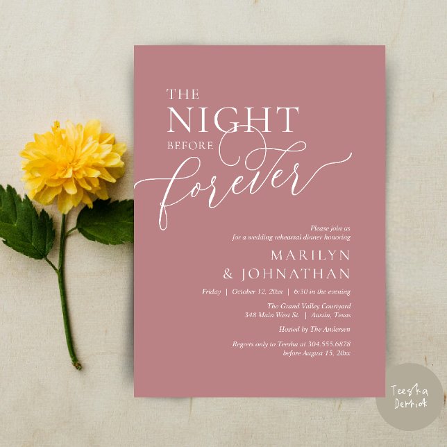The Night Before Forever, Wedding Rehearsal Dinner Invitation (The Night Before Forever Wedding Rehearsal Dinner Romantic Classy Invites Card PDF in Dusty Rose )