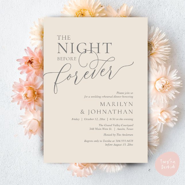 The Night Before Forever, Wedding Rehearsal Dinner Invitation (The Night Before Forever Wedding Rehearsal Dinner Romantic Classy Invites Card PDF in Cream Grey)