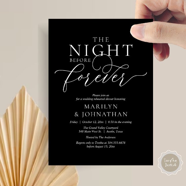 The Night Before Forever, Wedding Rehearsal Dinner Invitation (The Night Before Forever Wedding Rehearsal Dinner Romantic Classy Invites Card PDF in Black White)