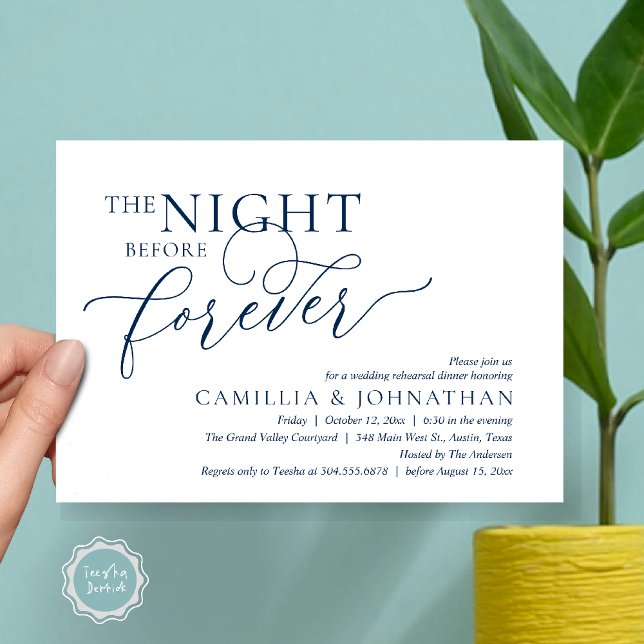 The Night Before Forever, Wedding Rehearsal Dinner Invitation (The Night Before Forever Wedding Rehearsal Dinner Romantic Classy Invites Card PDF in Navy Blue)
