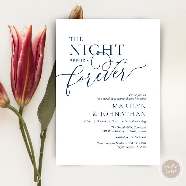 The Night Before Forever, Wedding Rehearsal Dinner Invitation (The Night Before Forever Wedding Rehearsal Dinner Romantic Classy Invites Card PDF in Navy Blue)