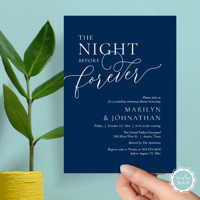 The Night Before Forever, Wedding Rehearsal Dinner Invitation (The Night Before Forever Wedding Rehearsal Dinner Romantic Classy Invites Card PDF in Navy Blue)