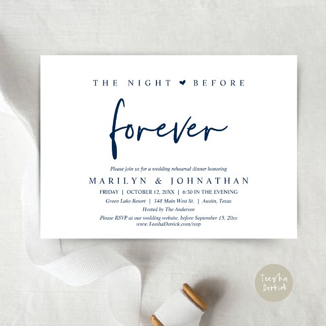 The Night Before Forever, Wedding Rehearsal Dinner Invitation (The Night Before Forever, Modern Wedding Rehearsal Dinner Invitation Card, PDF, in Navy Blue)