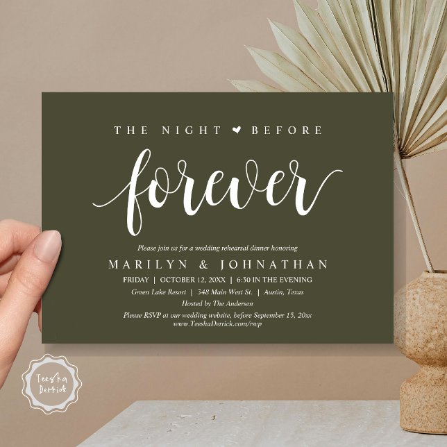 The Night Before Forever, Wedding Rehearsal Dinner Invitation (The Night Before Forever, Wedding Rehearsal Dinner Invitation Card, PDF, Retro, Olive Green)