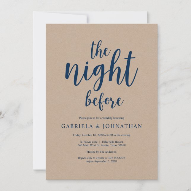 The night before, Kraft Navy Blue Rehearsal Dinner Invitation (Front)