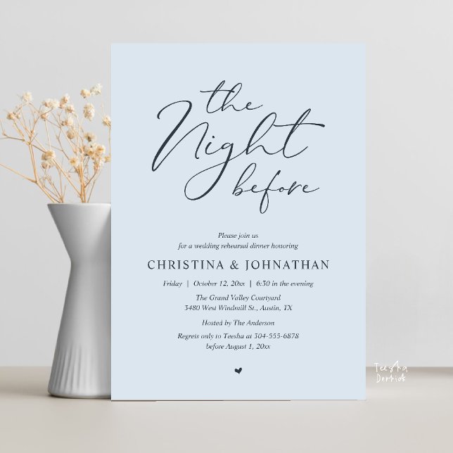 “The Night Before” Misty Blue Rehearsal Dinner Invitation (“The Night Before” Elegant Script Romantic Rehearsal Dinner Invitation Card Misty Blue)