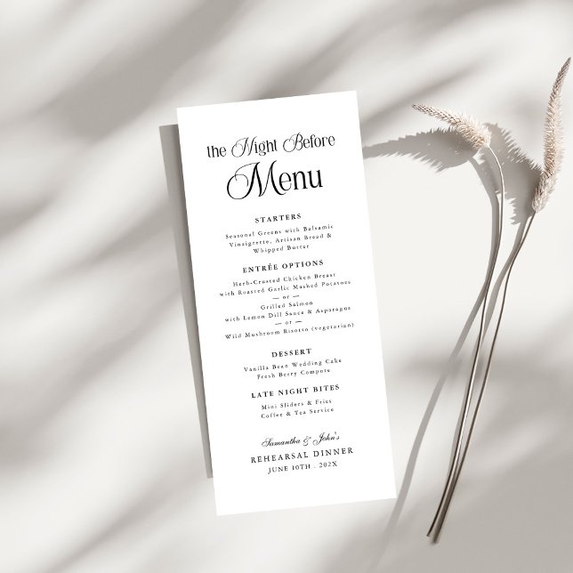 The Night Before Modern Elegant Rehearsal Dinner Menu (Creator Uploaded)