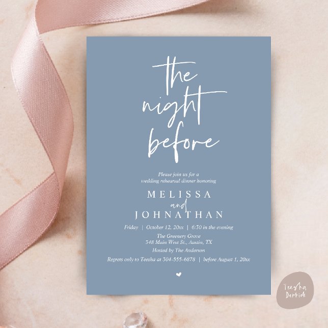 The night before, Modern Wedding Rehearsal Dinner Invitation (The night before, Modern minimalist Wedding Rehearsal Dinner Invitation card in dusty blue)