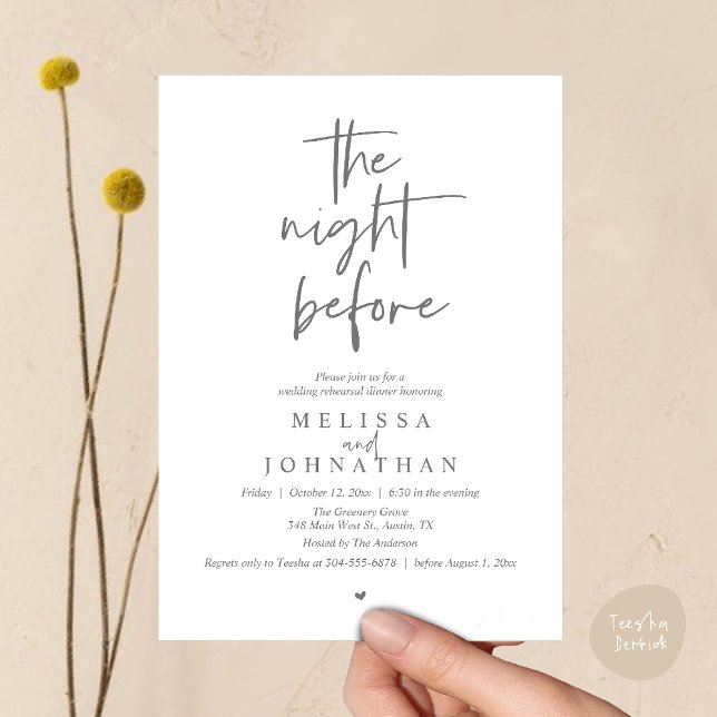 The night before, Modern Wedding Rehearsal Dinner Invitation (The night before, Modern minimalist Wedding Rehearsal Dinner Invitation card in dark grey)
