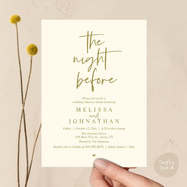 The night before, Modern Wedding Rehearsal Dinner Invitation (The night before, Modern minimalist Wedding Rehearsal Dinner Invitation card in yellow gold)