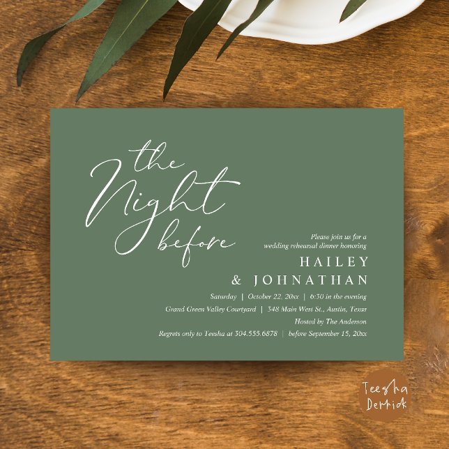 The Night Before, Modern Wedding Rehearsal Dinner Invitation (The Night Before, Modern Romantic Wedding Rehearsal Dinner Invitation Card in Sage Green)