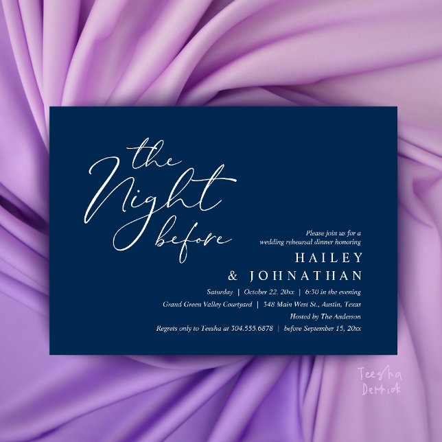 The Night Before, Modern Wedding Rehearsal Dinner Invitation (The Night Before, Modern Romantic Wedding Rehearsal Dinner Invitation Card in Navy Blue)