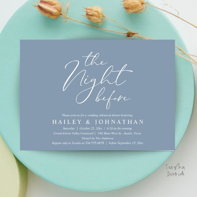 The Night Before, Modern Wedding Rehearsal Dinner Invitation (The Night Before, Modern Romantic Wedding Rehearsal Dinner Invitation Card in Dusty Blue)