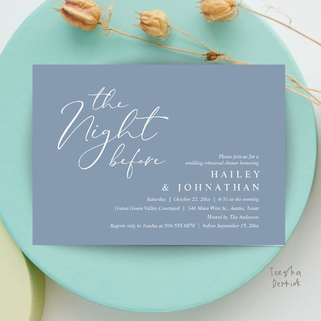 The Night Before, Modern Wedding Rehearsal Dinner Invitation (The Night Before, Modern Romantic Wedding Rehearsal Dinner Invitation Card in Dusty Blue)
