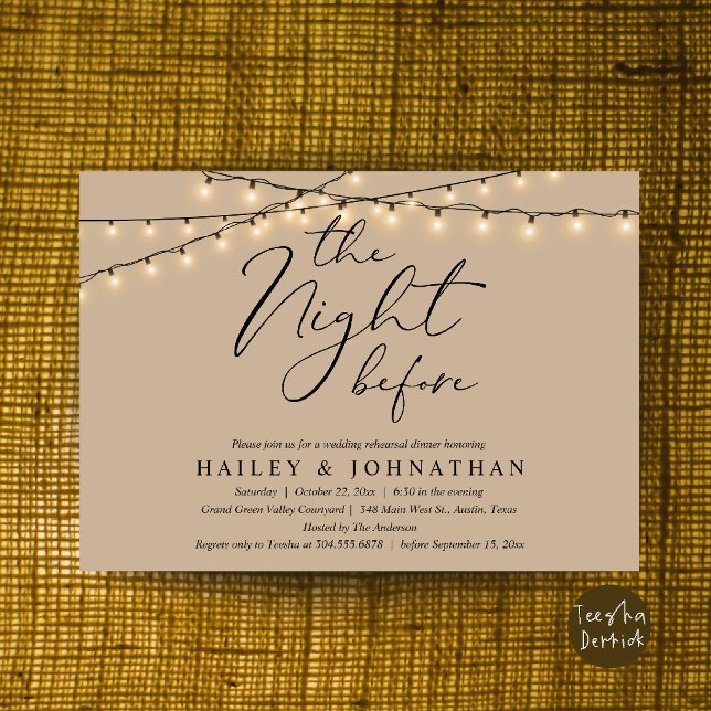 The Night Before, Modern Wedding Rehearsal Dinner Invitation (The Night Before, Modern Romantic Wedding Rehearsal Dinner Invite Card in String Lights Brown Tan)